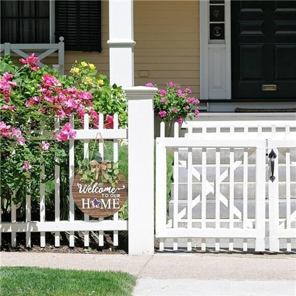 Interchangeable Seasonal Welcome Sign Front Door Decoration Round Wood Wreath - Picture 5 of 7